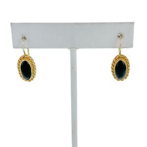 Vintage SI Sterling Silver 925 Rope Framed Gold Tone Black Garnet Drop Earrings
